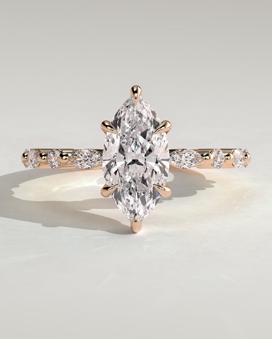 Beatrice - Marquise Claw Solitaire with Marquise and Round Accent Stones Engagement Ring - Rose Gold