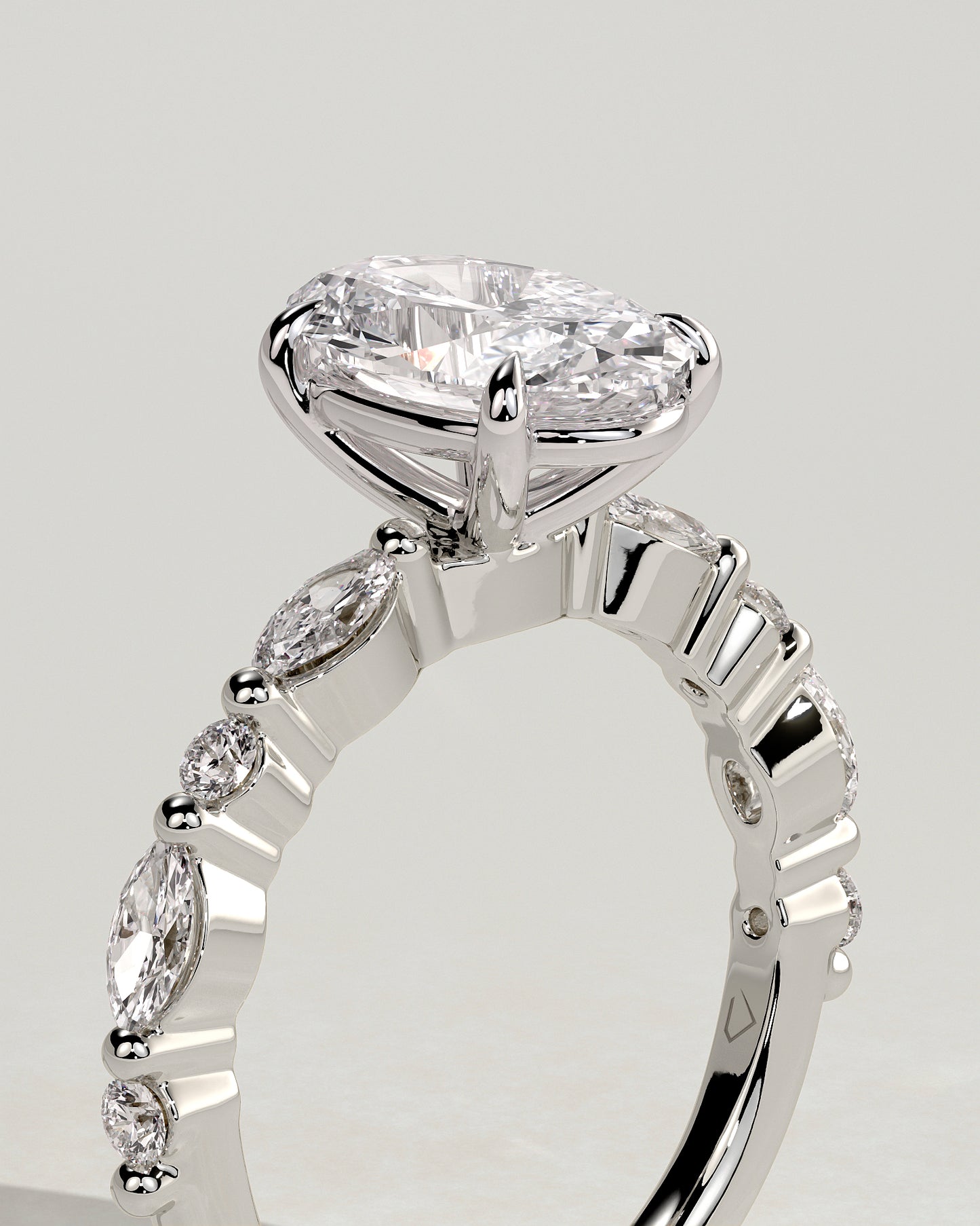 Alyssa - Oval Claw Solitaire with Marquise and Round Accent Stones Engagement Ring - Platinum - White Gold / Platinum 2ct