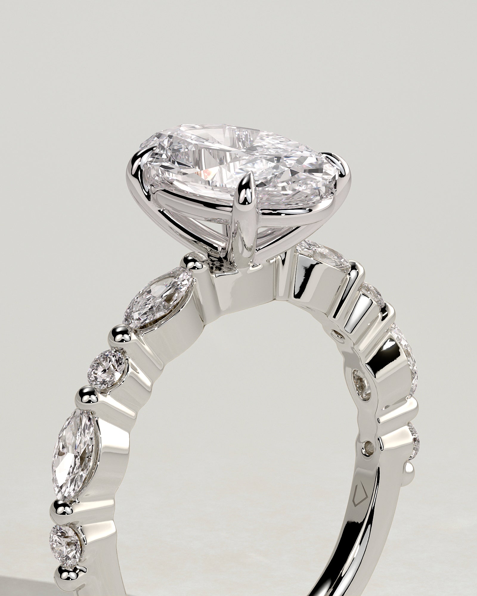 Alyssa - Oval Claw Solitaire with Marquise and Round Accent Stones Engagement Ring - Platinum - White Gold / Platinum 2ct