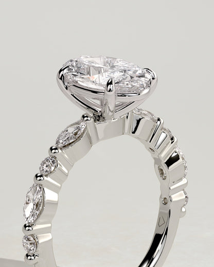Alyssa - Oval Claw Solitaire with Marquise and Round Accent Stones Engagement Ring - Platinum - platinum - Lara Jewels