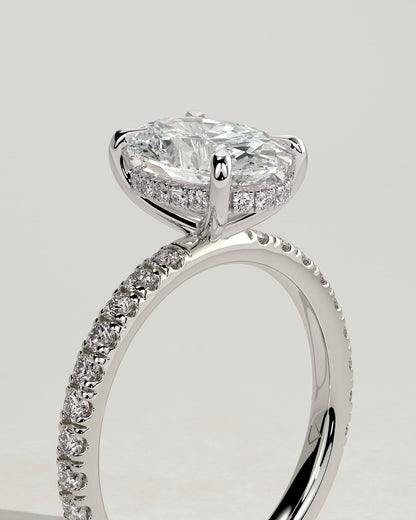 Paige - Oval Claw Solitaire with Hidden Halo and Pave Band Engagement Ring - White Gold