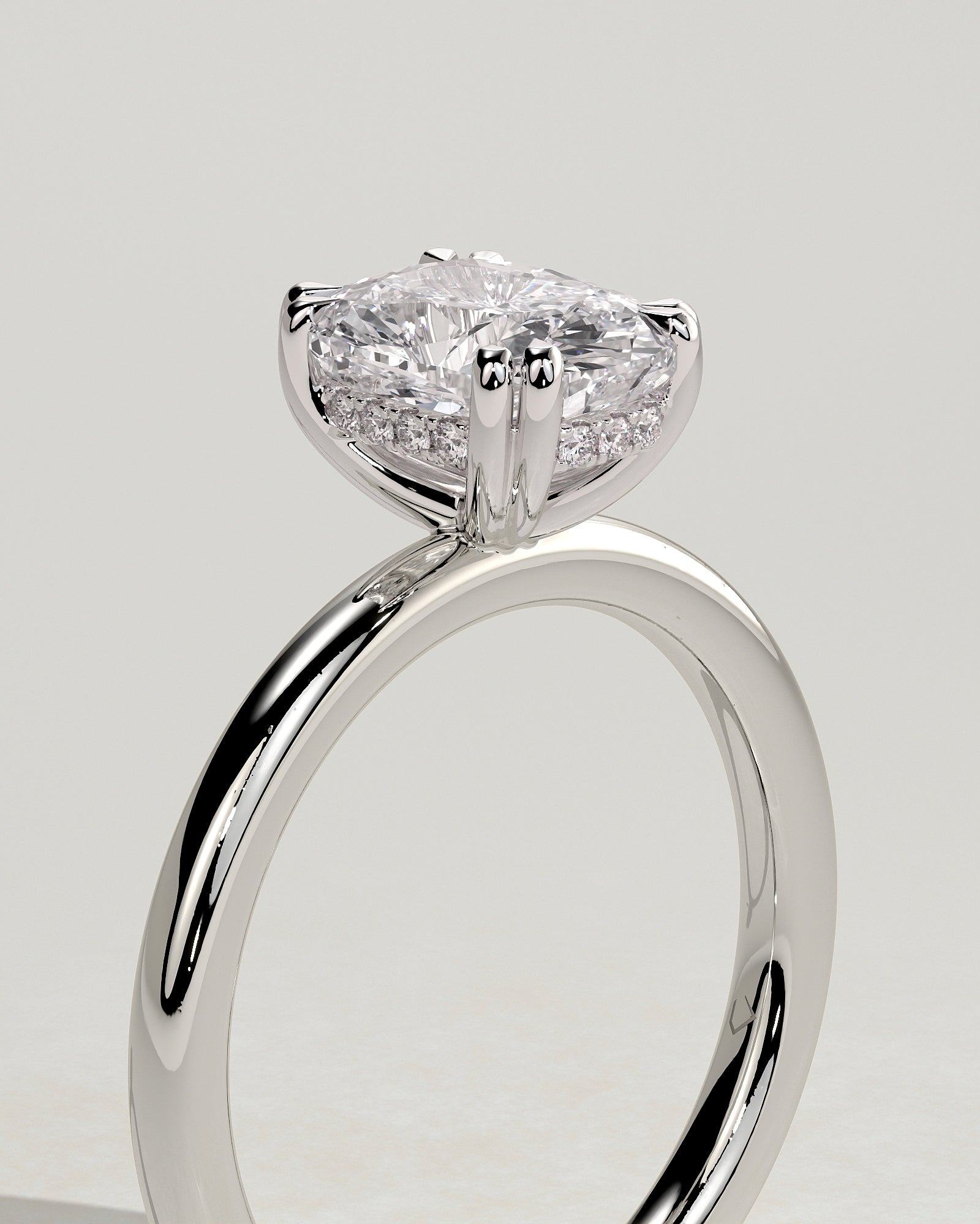 Aubrey - Elongated Cushion Double Claw Solitaire with Hidden Halo Engagement Ring - Platinum - White Gold / Platinum 2ct