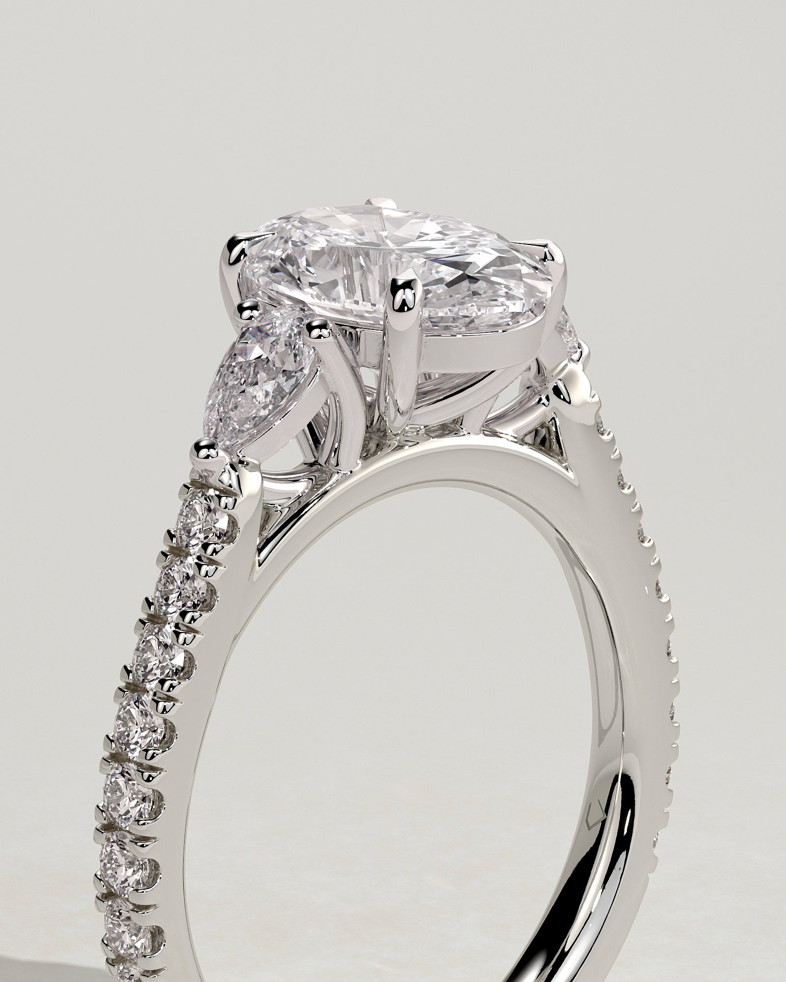 Arabella - Oval Claw Trilogy with Pear Side Stones and Pave Band Engagement Ring - Platinum - White Gold / Platinum 2ct