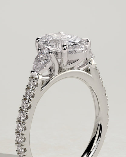 Arabella - Oval Claw Trilogy with Pear Side Stones and Pave Band Engagement Ring - Platinum - platinum - Lara Jewels
