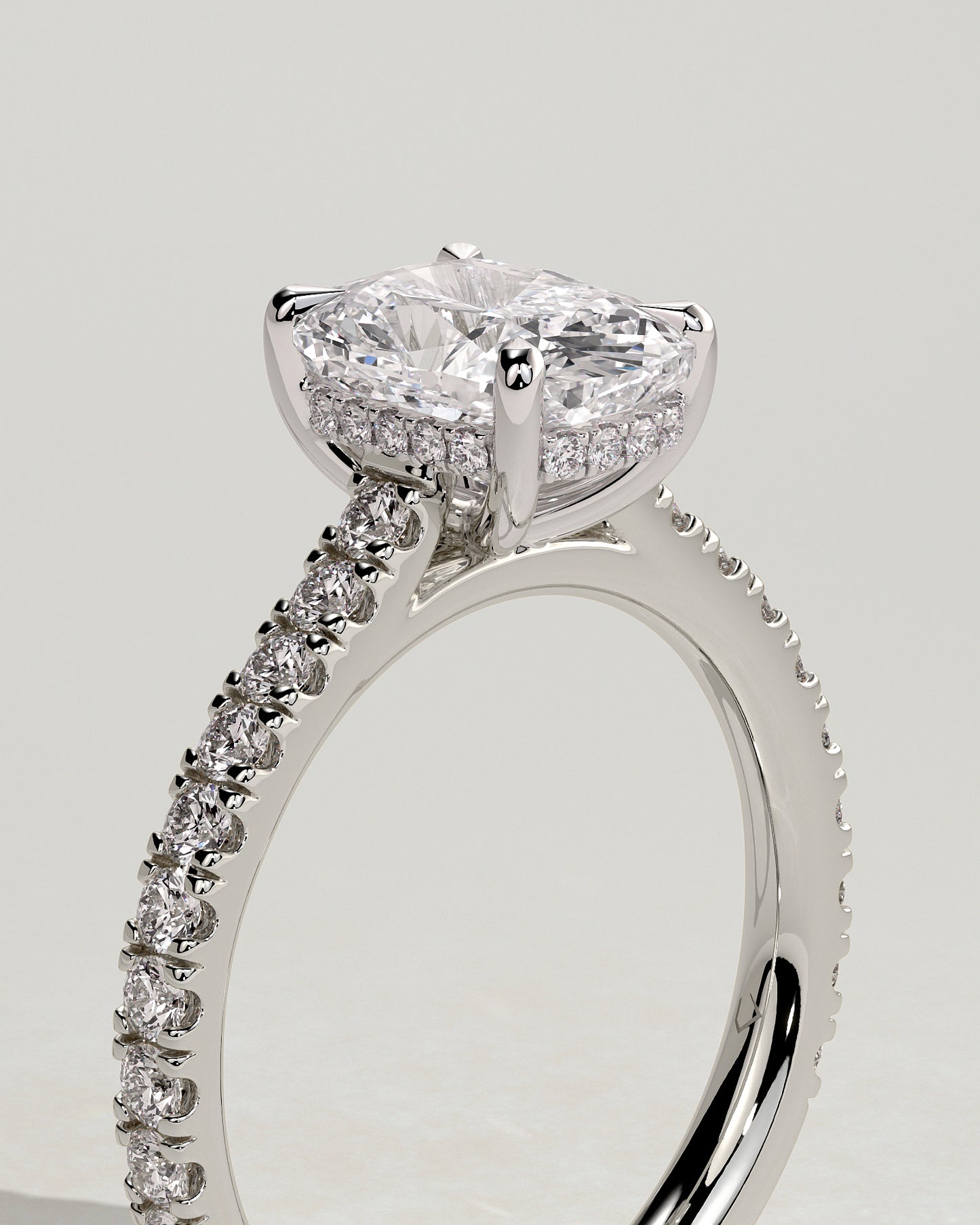 Annika - Elongated Cushion Claw Solitaire with Hidden Halo, Pave Band and Cathedral High Setting Engagement Ring - Platinum - White Gold / Platinum 2ct