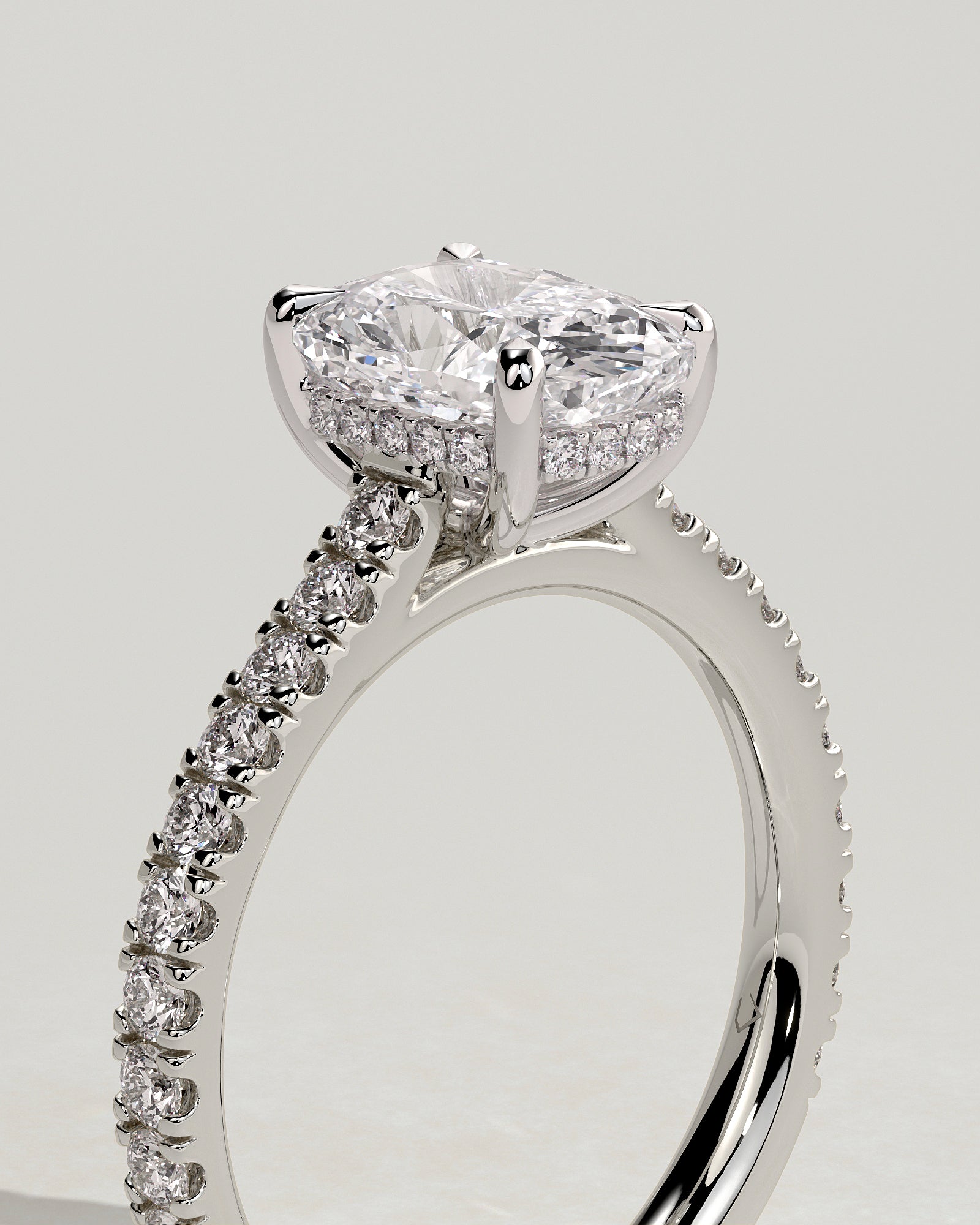 Annika - Elongated Cushion Claw Solitaire with Hidden Halo, Pave Band and Cathedral High Setting Engagement Ring - Platinum - White Gold / Platinum 2ct