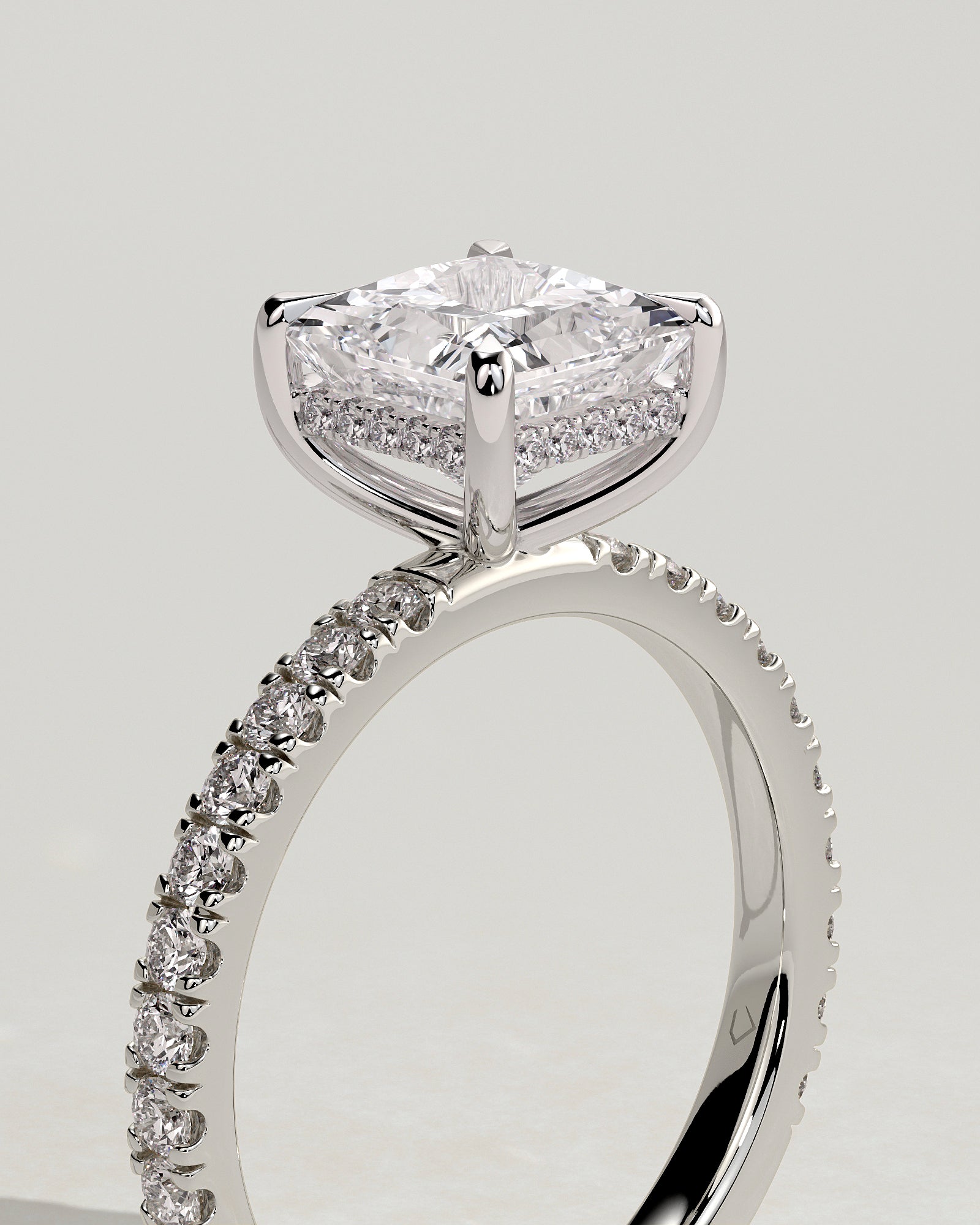 Annie - Princess Claw Solitaire with Hidden Halo and Pave Band Engagement Ring - Platinum - White Gold / Platinum 2ct