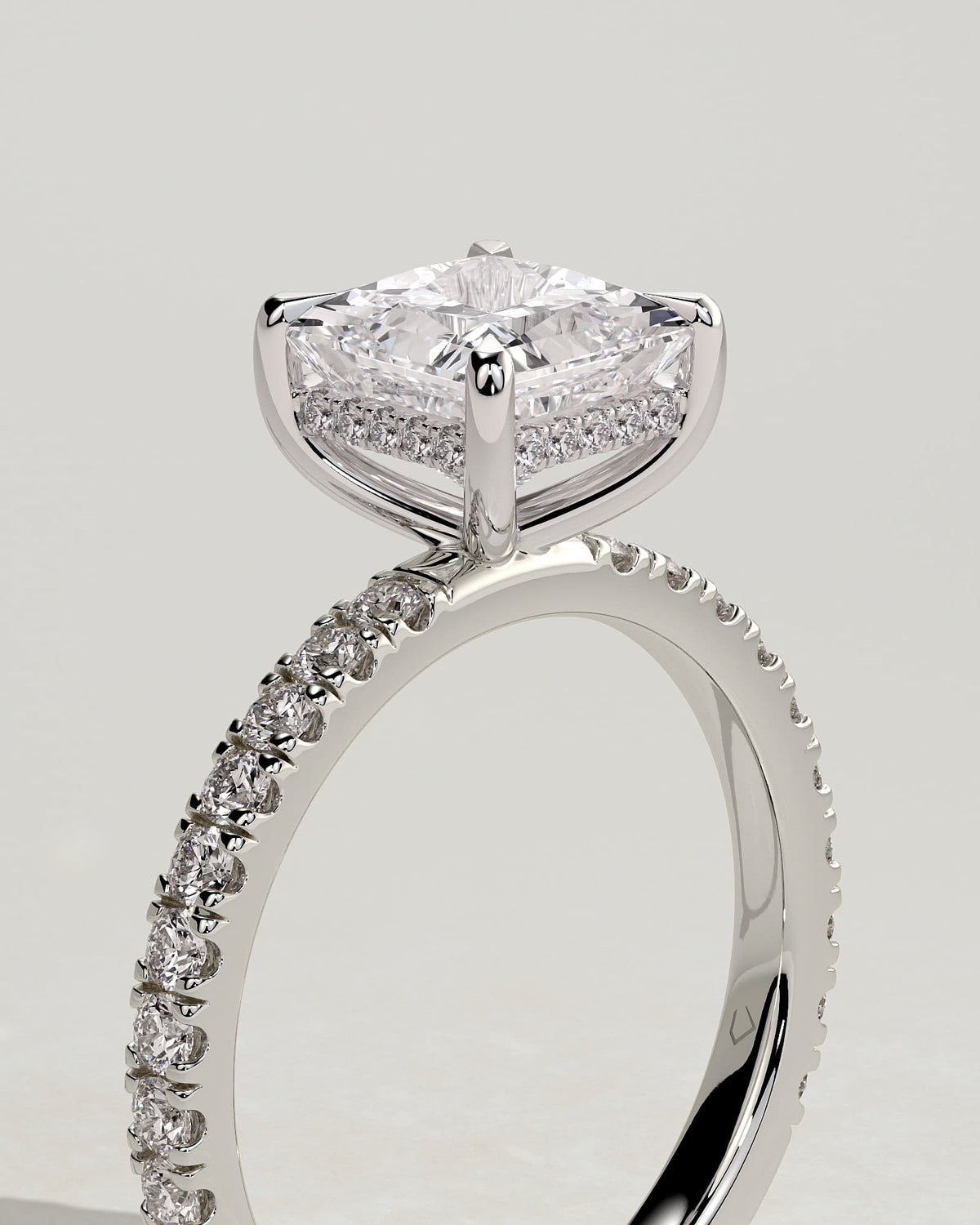 Annie - Princess Claw Solitaire with Hidden Halo and Pave Band Engagement Ring - White Gold - white gold - Lara Jewels