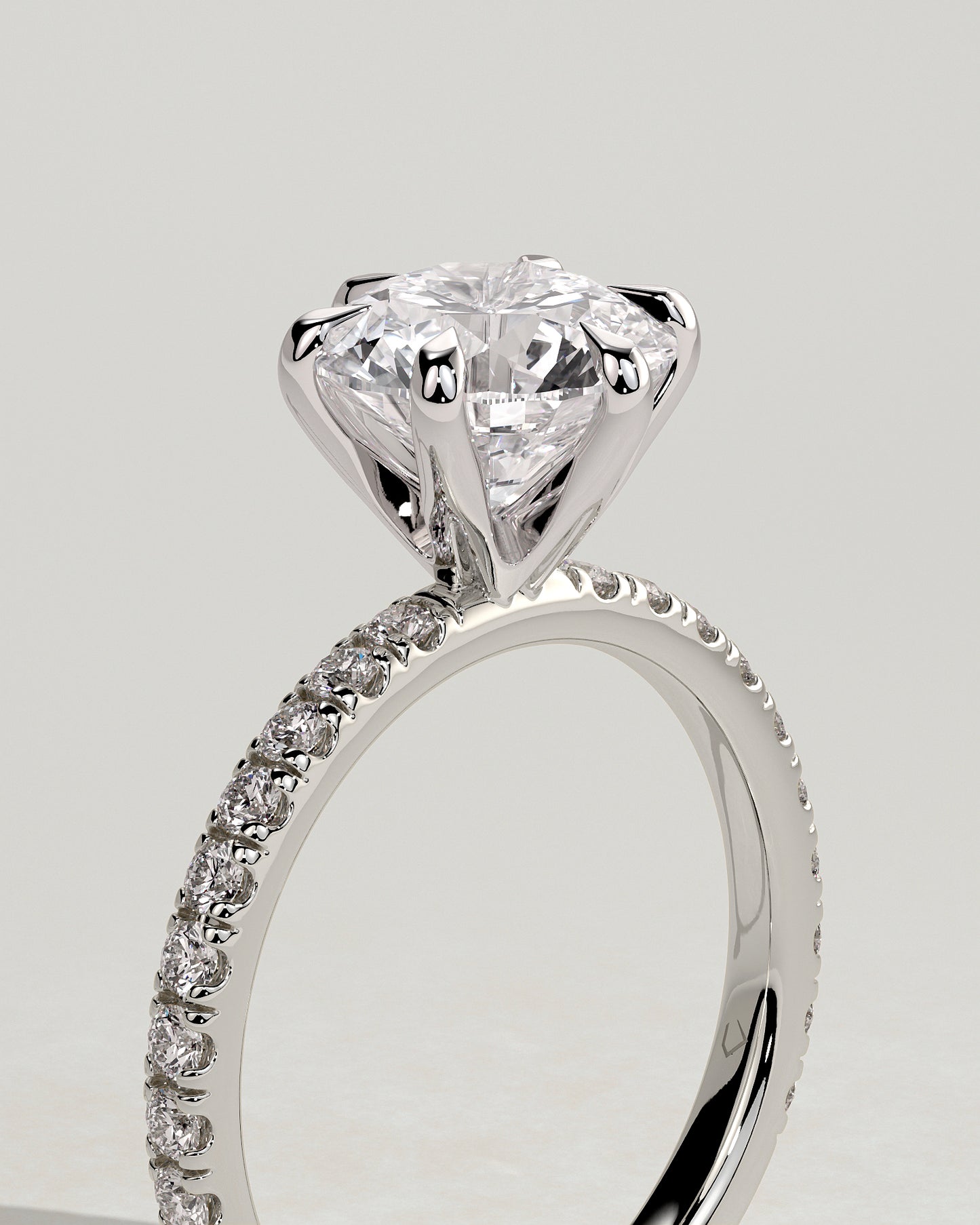 Alexandria - Round Claw Solitaire with Pave Band Engagement Ring - Platinum - White Gold / Platinum 2ct