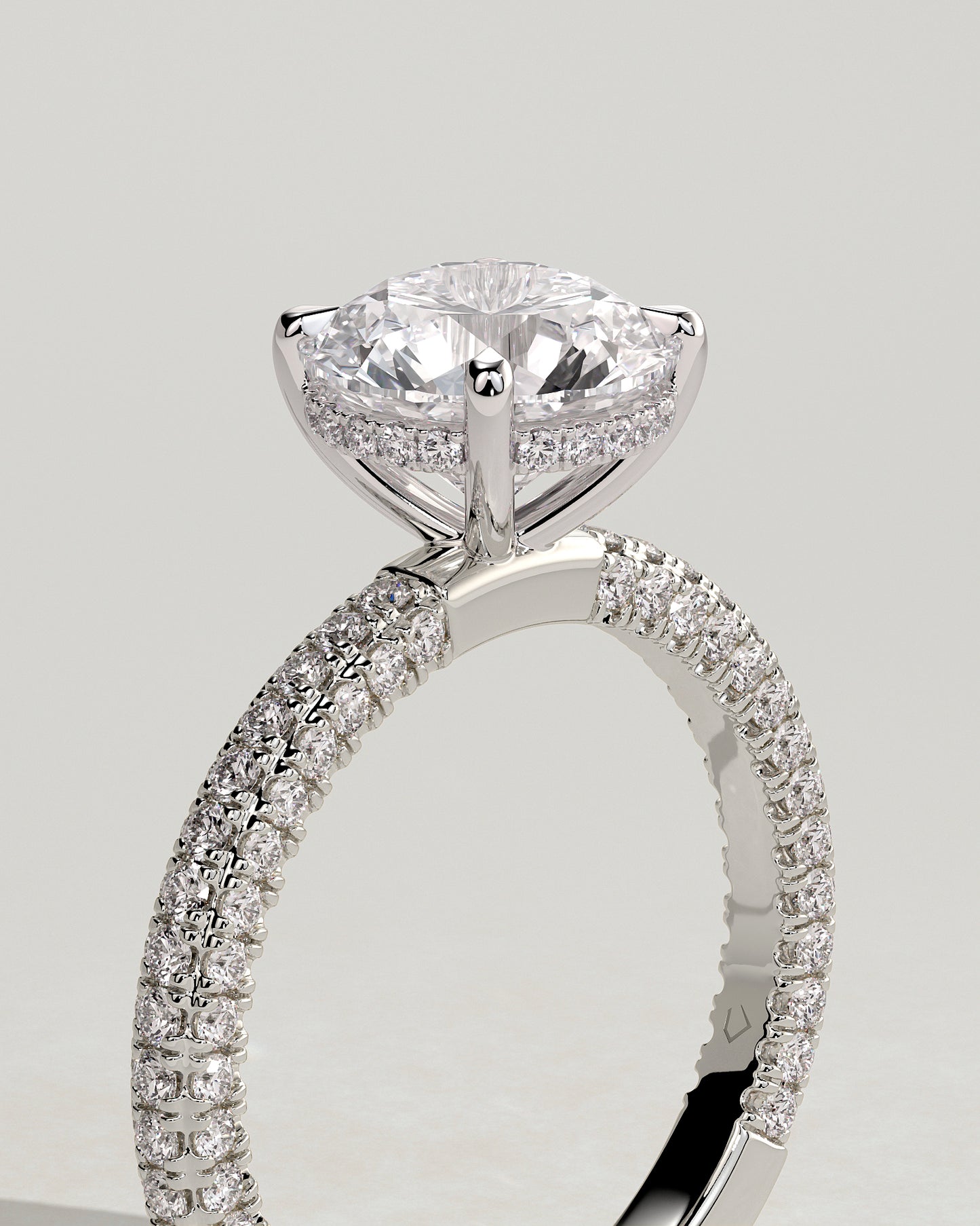 Alex - Round Claw Solitaire with Hidden Halo and Triple Pave Band Engagement Ring - Platinum - White Gold / Platinum 2ct