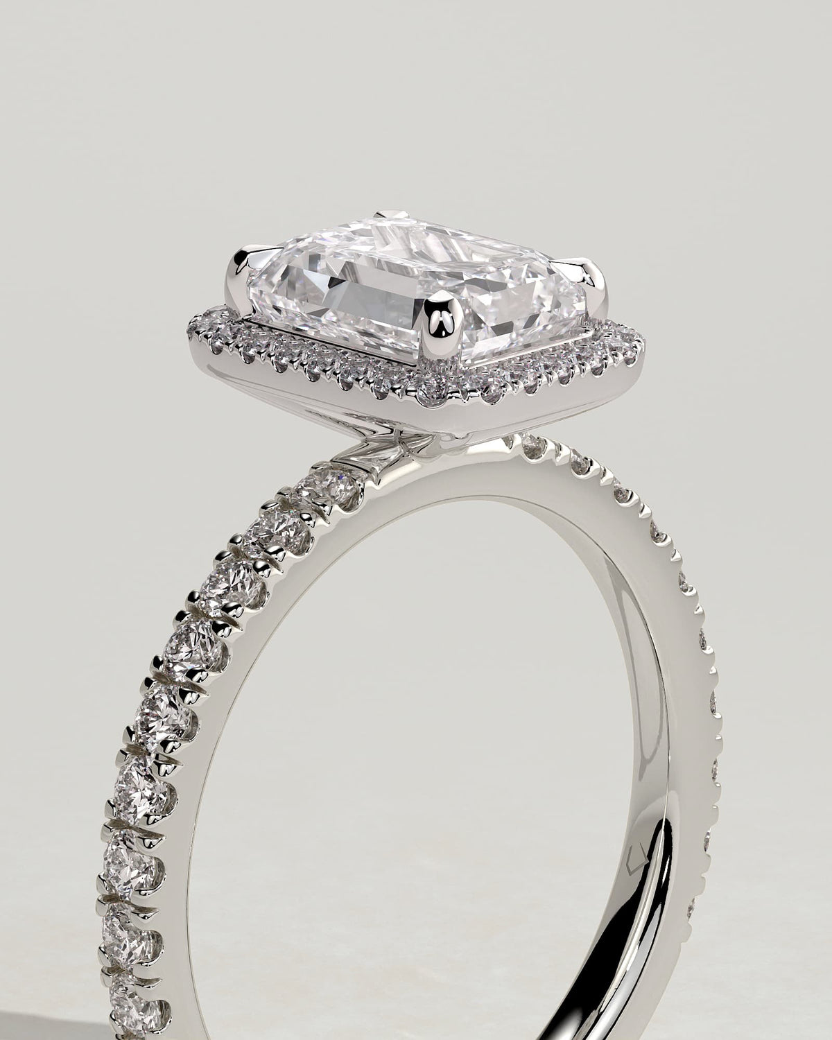 Analyce - Emerald Claw Solitaire with Halo and Pave Band Engagement Ring - White Gold