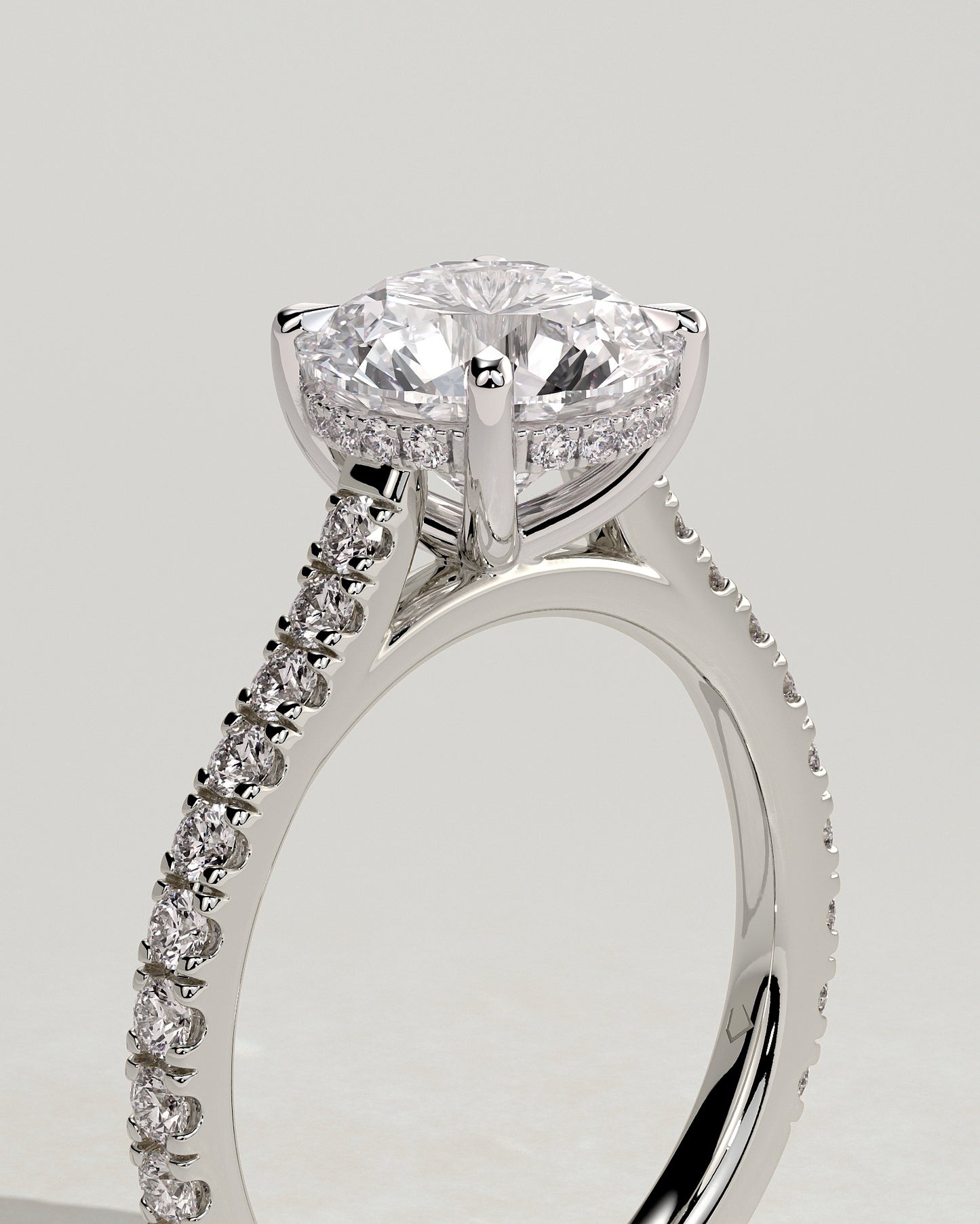 Ashlea - Round Claw Solitaire with Hidden Halo, Pave Band and Cathedral High Setting Engagement Ring - Platinum - White Gold / Platinum 2ct