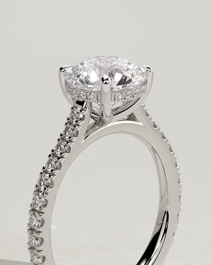Ashlea - Round Claw Solitaire with Hidden Halo, Pave Band and Cathedral High Setting Engagement Ring - Platinum