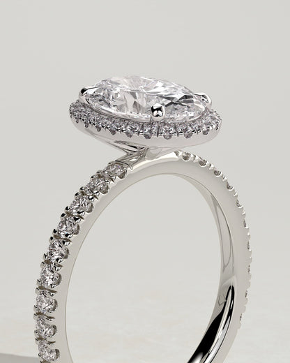Aurora - Oval Claw Solitaire with Halo and Pave Band Engagement Ring - Platinum