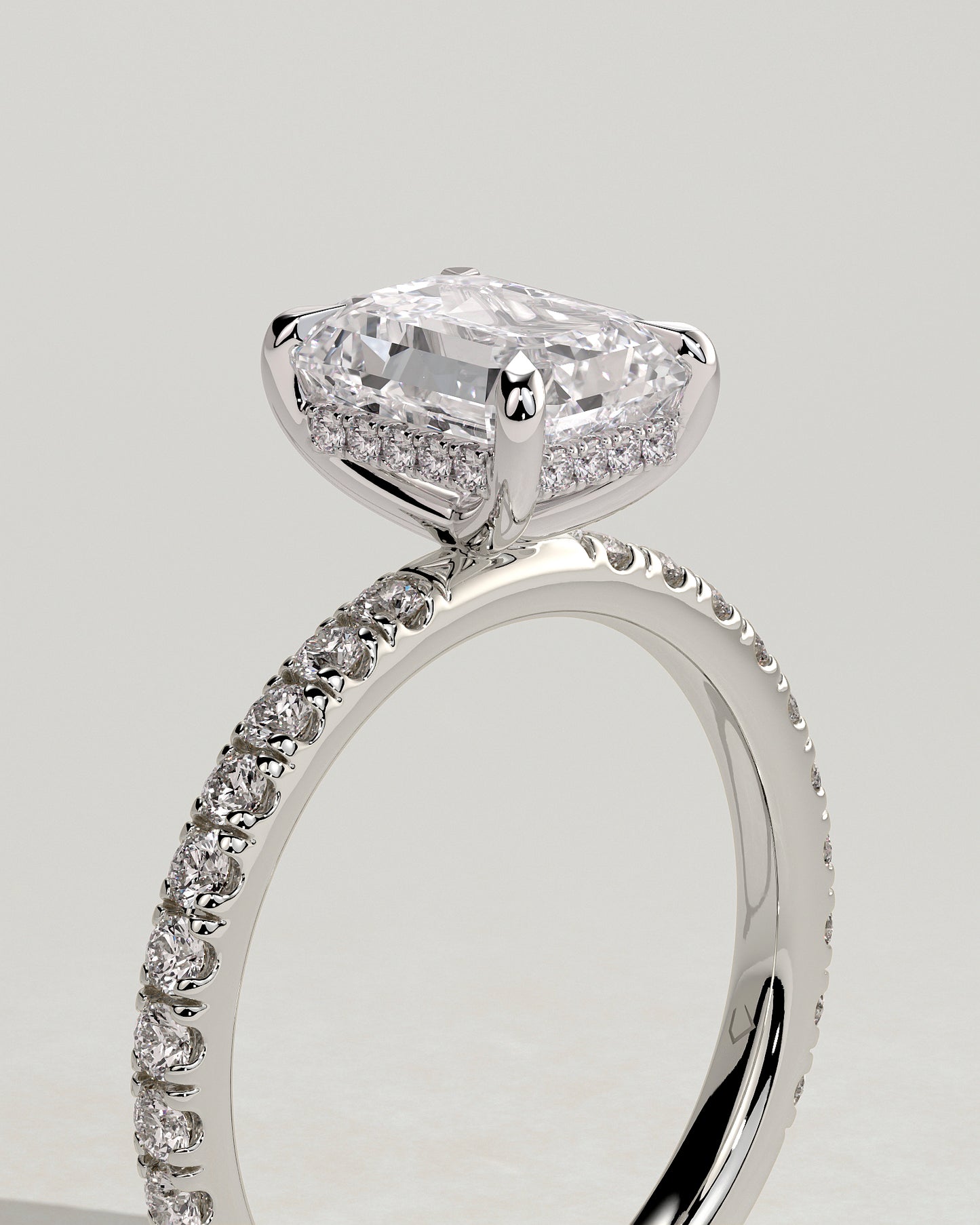 Gwyneth - Emerald Claw Solitaire with Hidden Halo and Pave Band Engagement Ring - Platinum - White Gold / Platinum 2ct