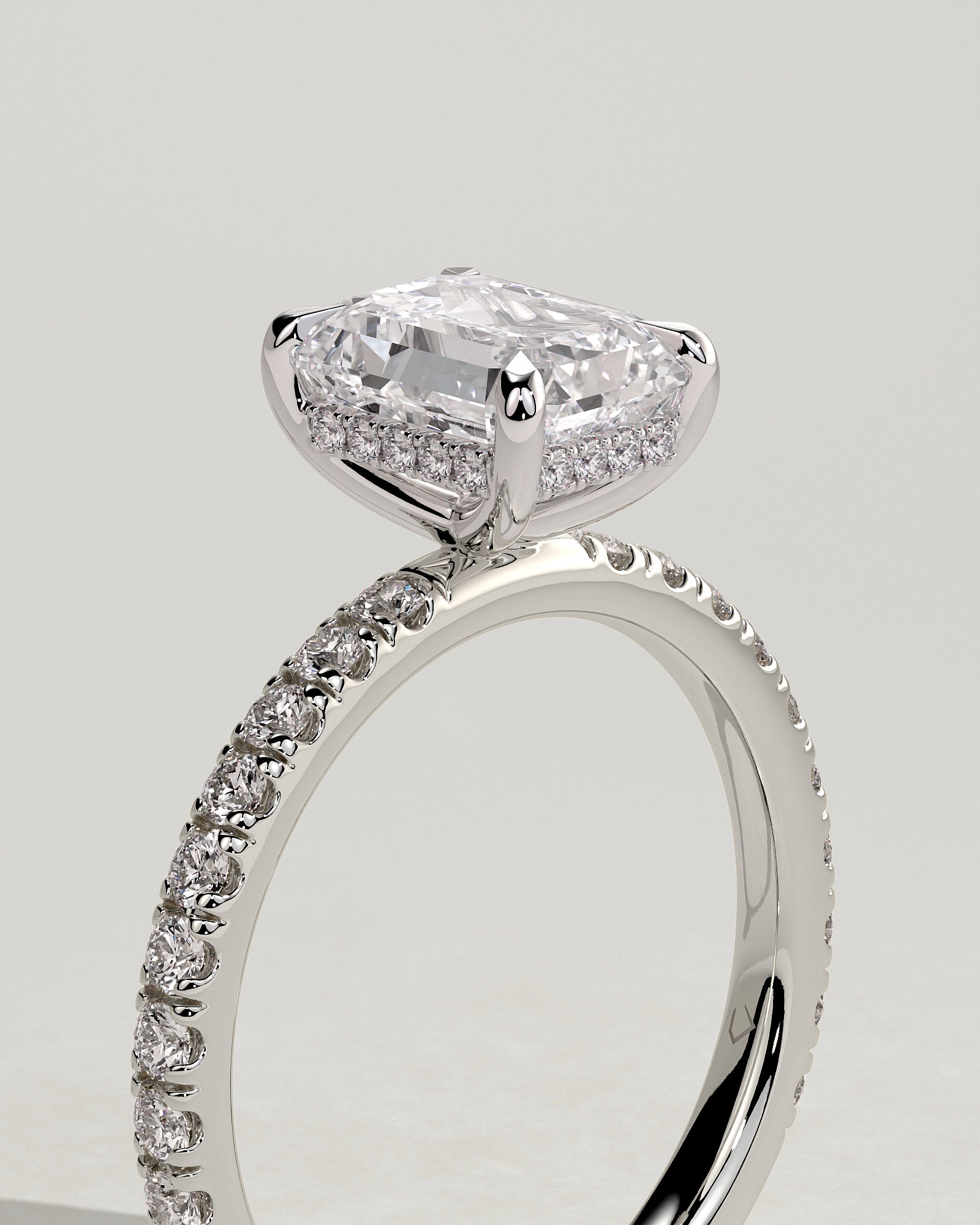 Gwyneth - Emerald Claw Solitaire with Hidden Halo and Pave Band Engagement Ring - Platinum - White Gold / Platinum 2ct
