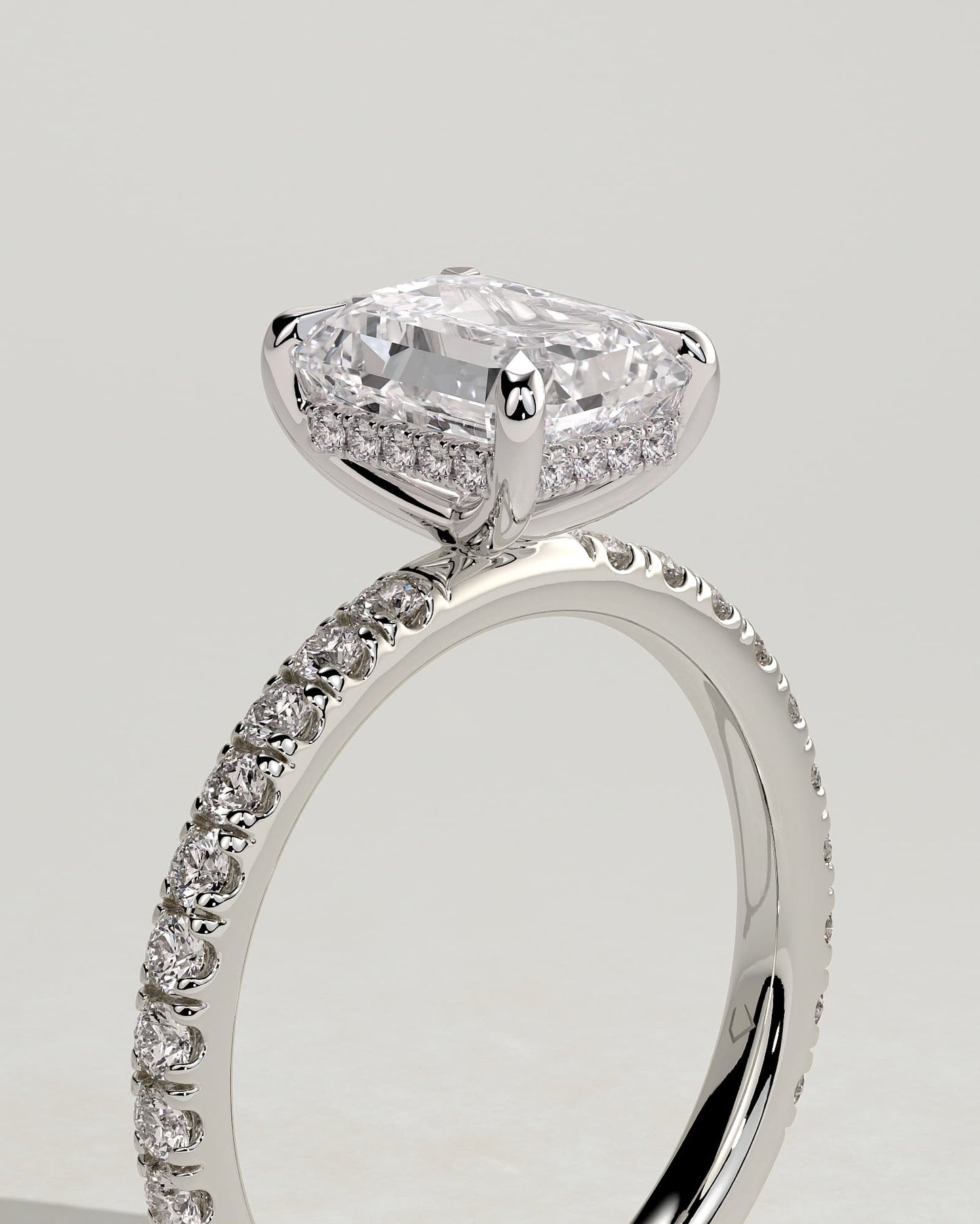 Gwyneth - Emerald Claw Solitaire with Hidden Halo and Pave Band Engagement Ring - White Gold