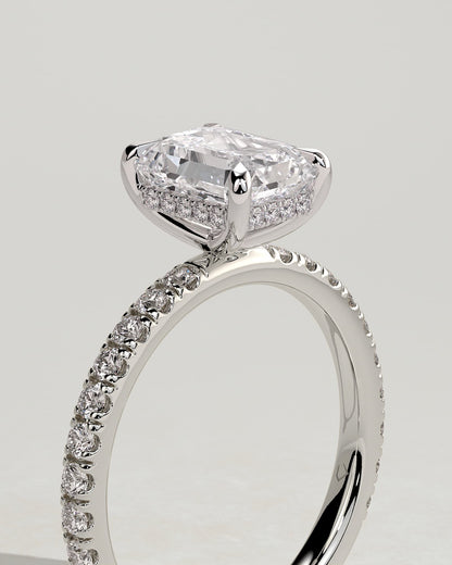 Gwyneth - Emerald Claw Solitaire with Hidden Halo and Pave Band Engagement Ring - White Gold