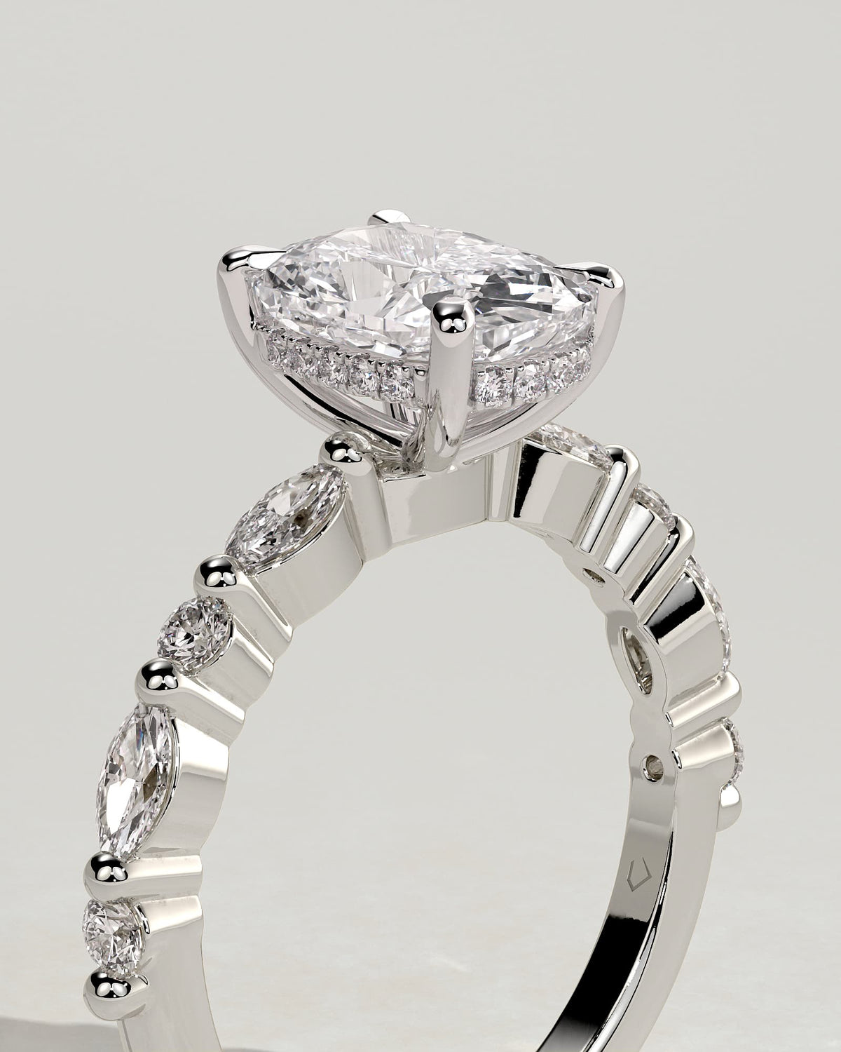 Cali - Elongated Cushion Claw Solitaire with Marquise-Round Accent Stones and Hidden Halo Engagement Ring - White Gold