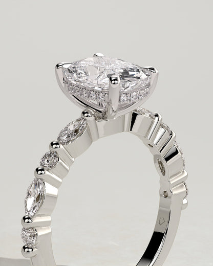 Cali - Elongated Cushion Claw Solitaire with Marquise-Round Accent Stones and Hidden Halo Engagement Ring - White Gold