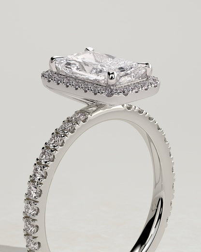 Catherine - Radiant Claw Solitaire with Halo and Pave Band Engagement Ring - Platinum