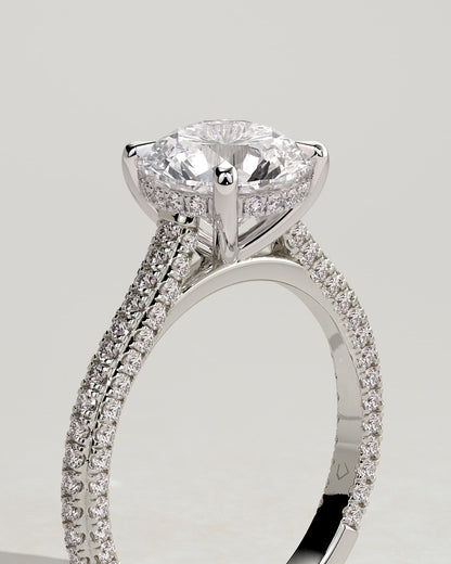Chelsea - Round Claw Solitaire with Hidden Halo, Triple Pave Band and Cathedral High Setting Engagement Ring - Platinum
