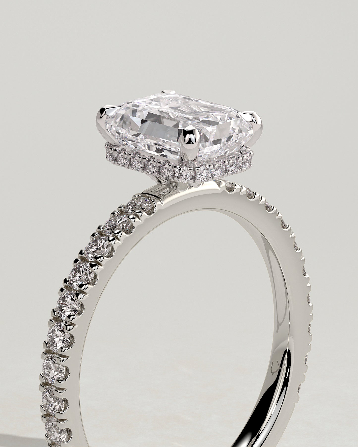 Eliana - Emerald Claw Solitaire with Wrap Around Hidden Halo and Pave Band Engagement Ring - Platinum - White Gold / Platinum 2ct