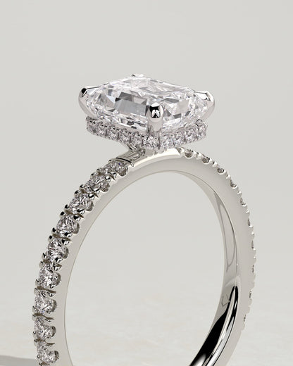 Eliana - Emerald Claw Solitaire with Wrap Around Hidden Halo and Pave Band Engagement Ring - Platinum