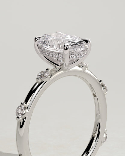 Elise - Oval Claw Solitaire with 6 Spaced Round Accent Stones and Hidden Halo Engagement Ring - White Gold