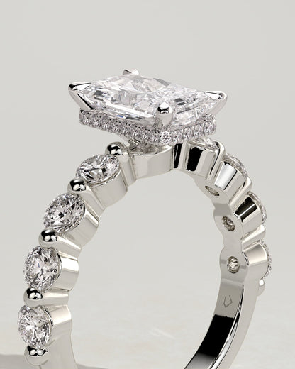Josephine - Radiant Claw Solitaire with Round Accent Stones and Wrap Around Hidden Halo Engagement Ring - Platinum