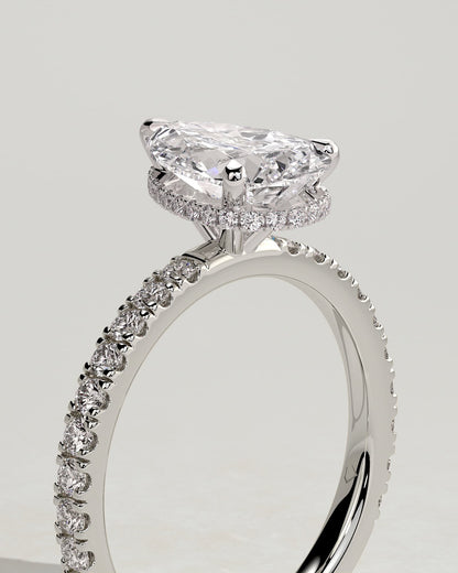 Keira - Pear Claw Solitaire with Wrap Around Hidden Halo and Pave Band Engagement Ring - White Gold