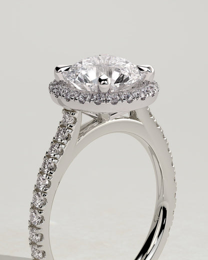 Leah - Round Claw Solitaire with Halo and Pave Band and Cathedral High Setting Engagement Ring - White Gold