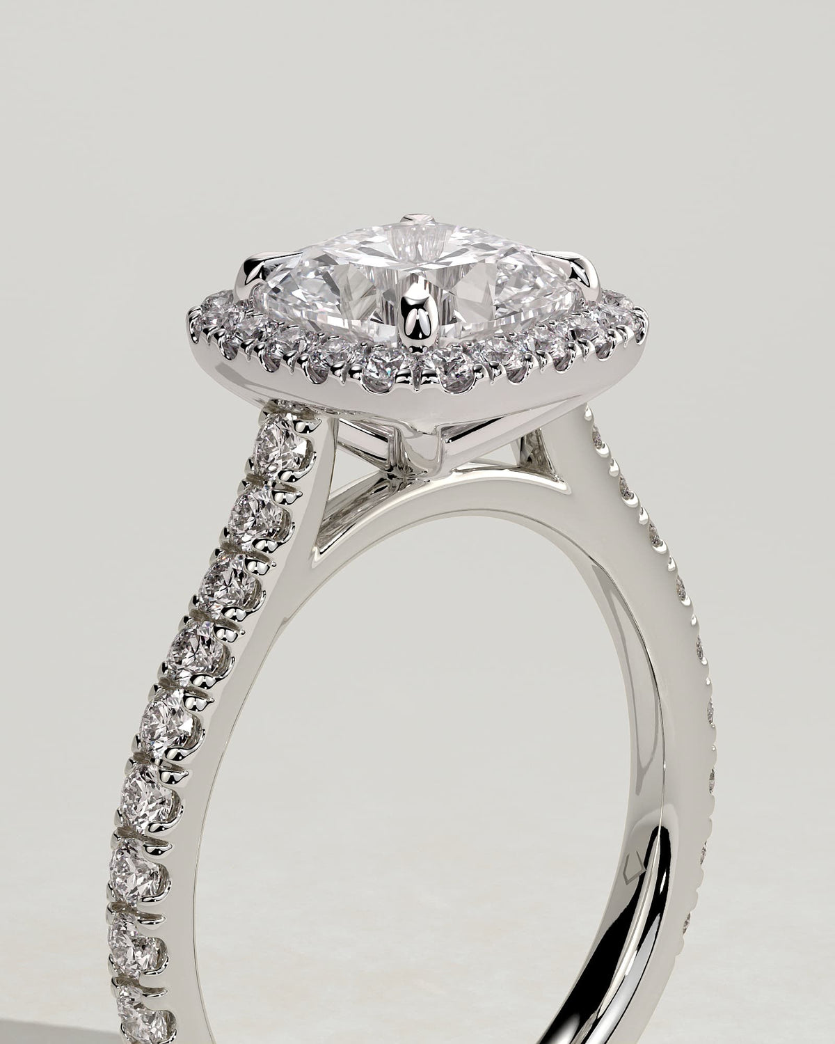 Nicole - Cushion Claw Solitaire with Halo and Pave Band and Cathedral High Setting Engagement Ring - Platinum