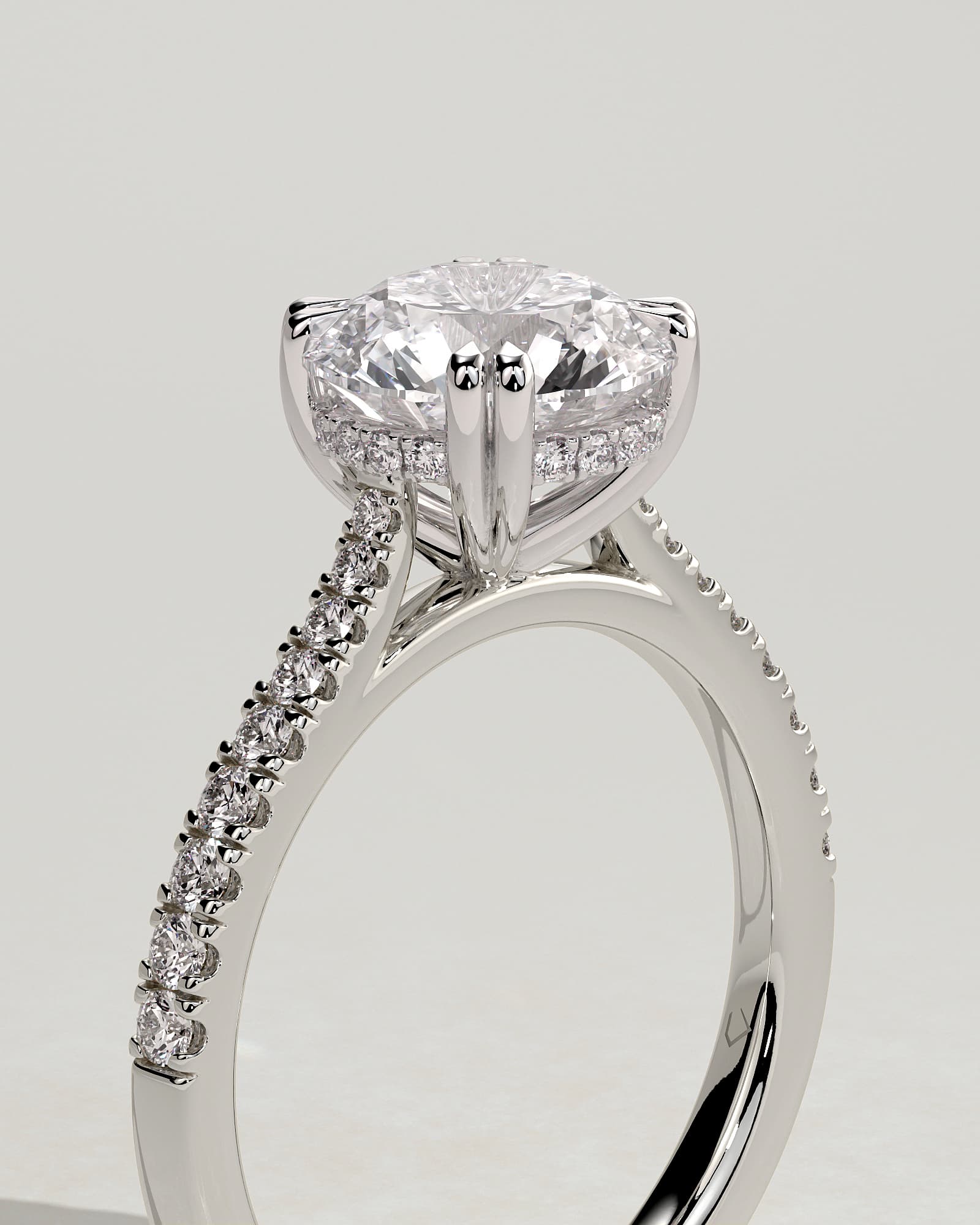Amelia - Round Double Claw Solitaire with Hidden Halo, Tapered Pave Band and Cathedral High Setting Engagement Ring - White Gold - white gold - Lara Jewels