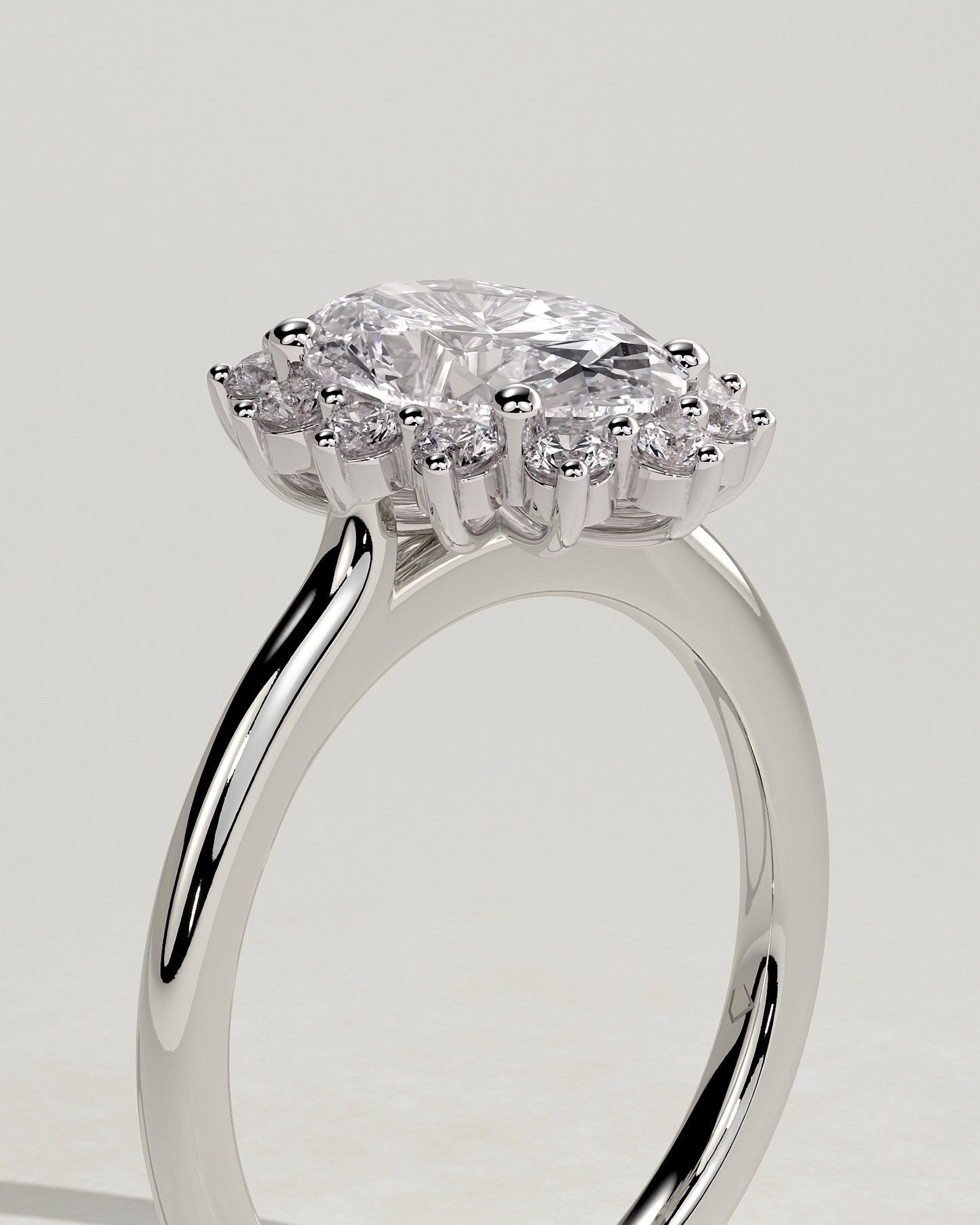 Arielle - Oval Claw Solitaire with Sunburst Halo and Cathedral High Setting Engagement Ring - Platinum - White Gold / Platinum 2ct