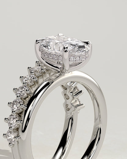 Athena - Oval Claw Solitaire with Double Plain-and-Round-Accent Stones Band Engagement Ring - White Gold