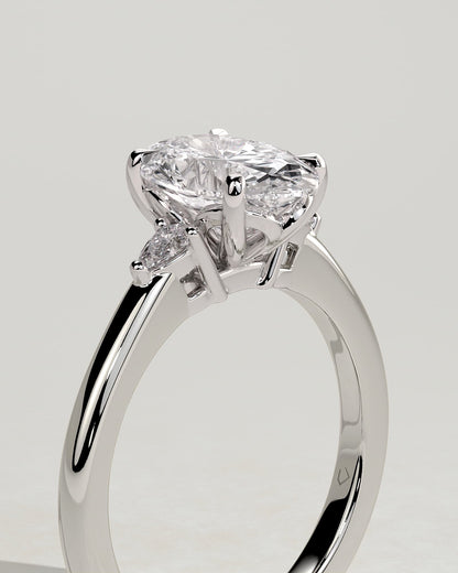 Elena - Oval Claw Trilogy with Pear Side Stones and Tulip Detail Engagement Ring - White Gold