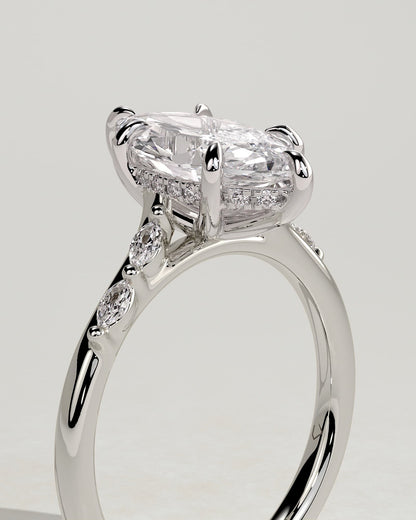 Elsie - Marquise Claw Solitaire with Hidden Halo, Opposing Marquise Accents and Cathedral High Setting Engagement Ring - Platinum