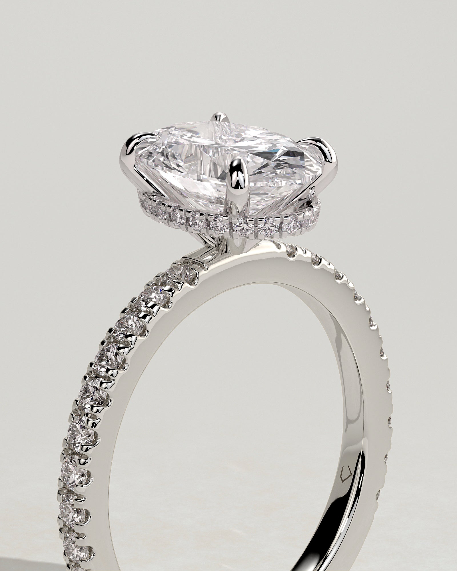 Evangeline - Oval Claw Solitaire with Wrap Around Hidden Halo and Pave Band Engagement Ring - Platinum - White Gold / Platinum 2ct