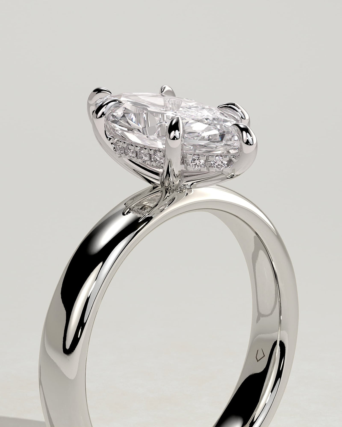 Gigi - Marquise Claw Solitaire with Cigar Band and Hidden Halo Engagement Ring - White Gold