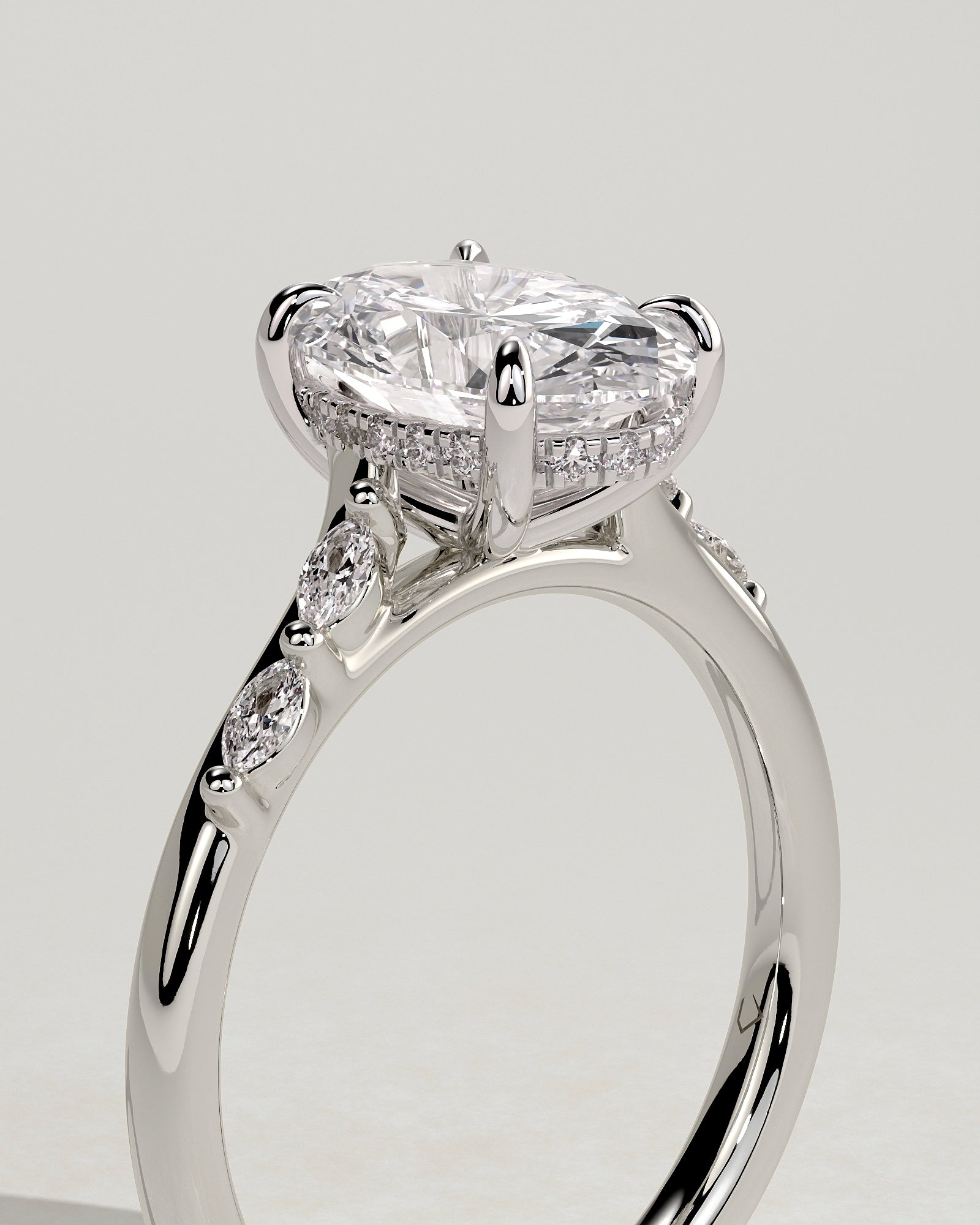 Jamie - Oval Claw Solitaire with Hidden Halo, Opposing Marquise Accents and Cathedral High Setting Engagement Ring - Platinum - White Gold / Platinum 2ct