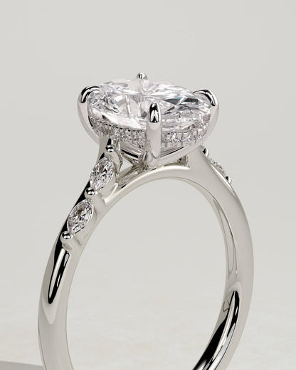 Jamie - Oval Claw Solitaire with Hidden Halo, Opposing Marquise Accents and Cathedral High Setting Engagement Ring - White Gold