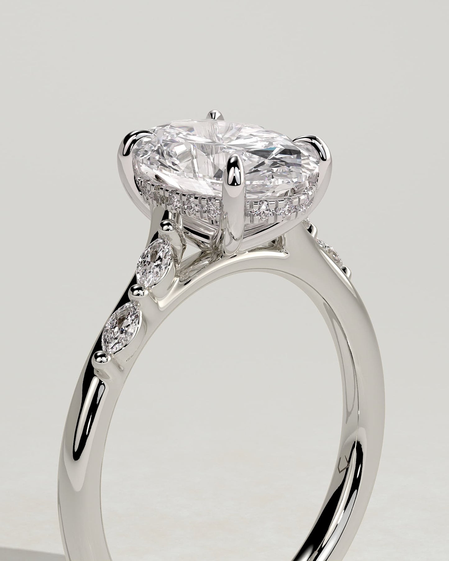 Jamie - Oval Claw Solitaire with Hidden Halo, Opposing Marquise Accents and Cathedral High Setting Engagement Ring - Platinum