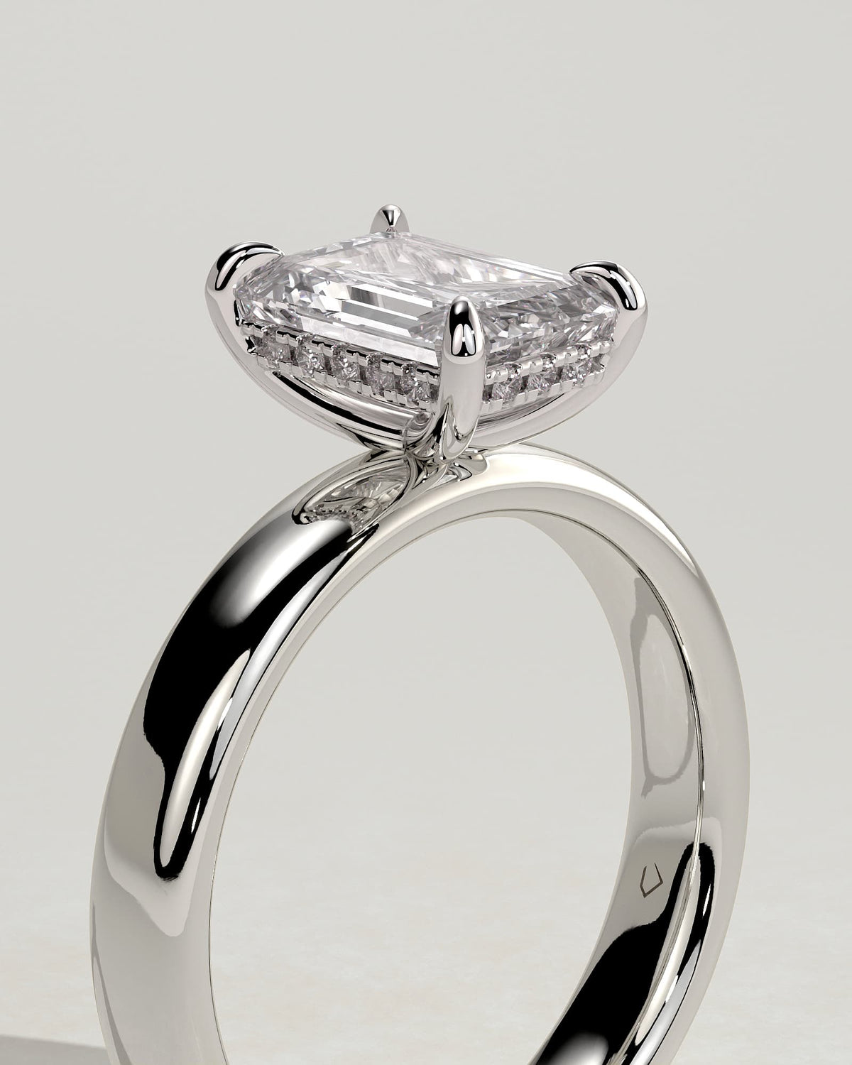 Kate - Emerald Claw Solitaire with Cigar Band and Hidden Halo Engagement Ring - Platinum