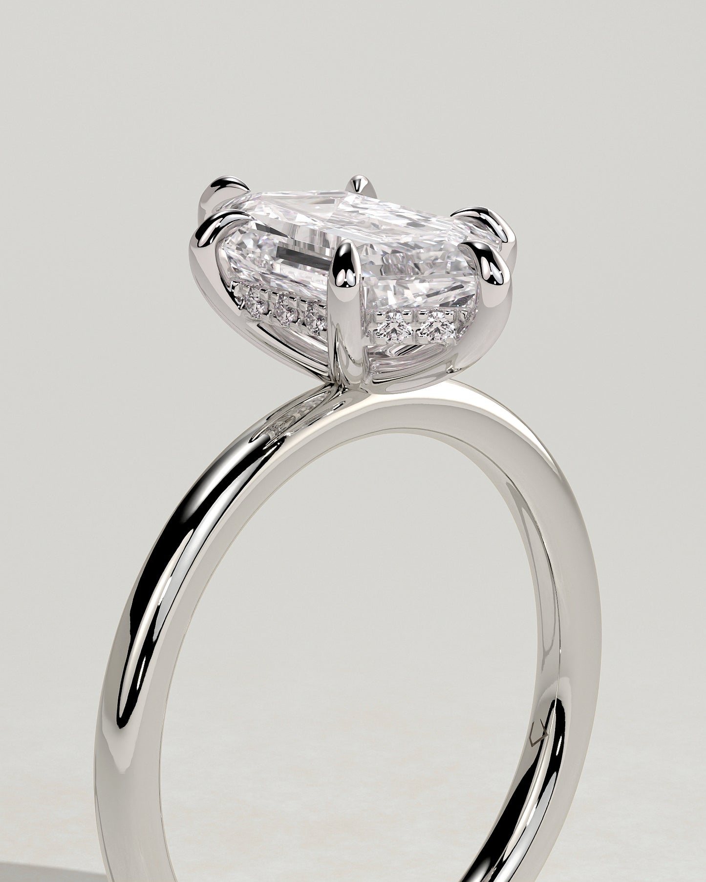 Delta - Elongated Hexagon Claw Solitaire with Hidden Halo Engagement Ring - Platinum - White Gold / Platinum 2ct