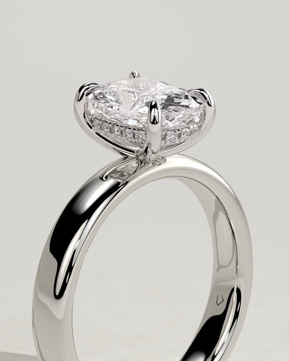 Cora - Elongated Cushion Claw Solitaire with Cigar Band and Hidden Halo Engagement Ring - White Gold