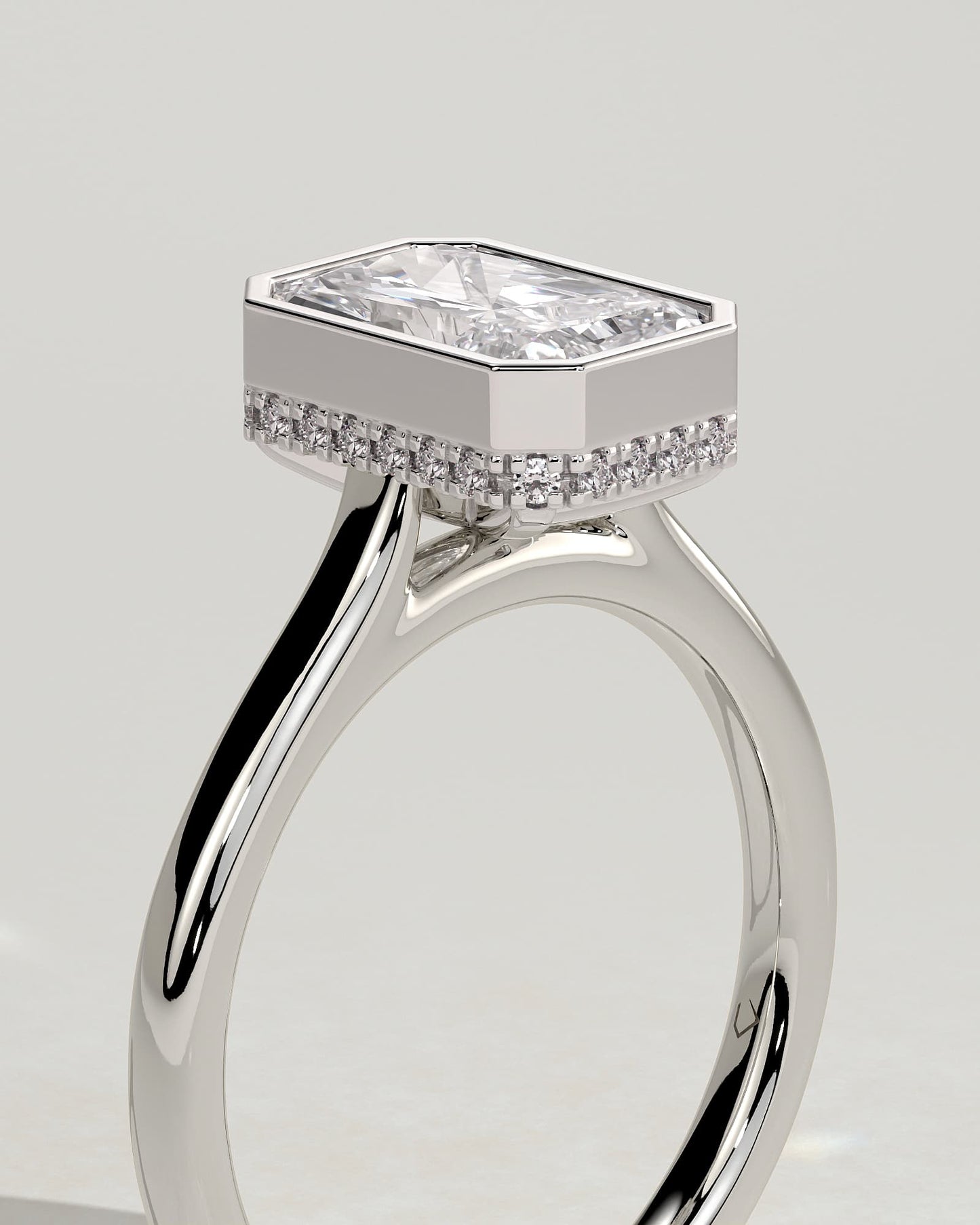 Bennie - Radiant Bezel Solitaire with Hidden Halo and Cathedral High Setting Engagement Ring - White Gold
