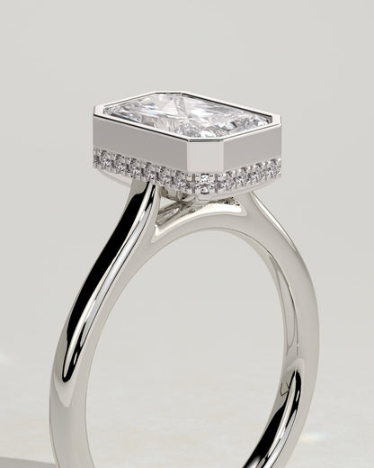 Bennie - Radiant Bezel Solitaire with Hidden Halo and Cathedral High Setting Engagement Ring - White Gold