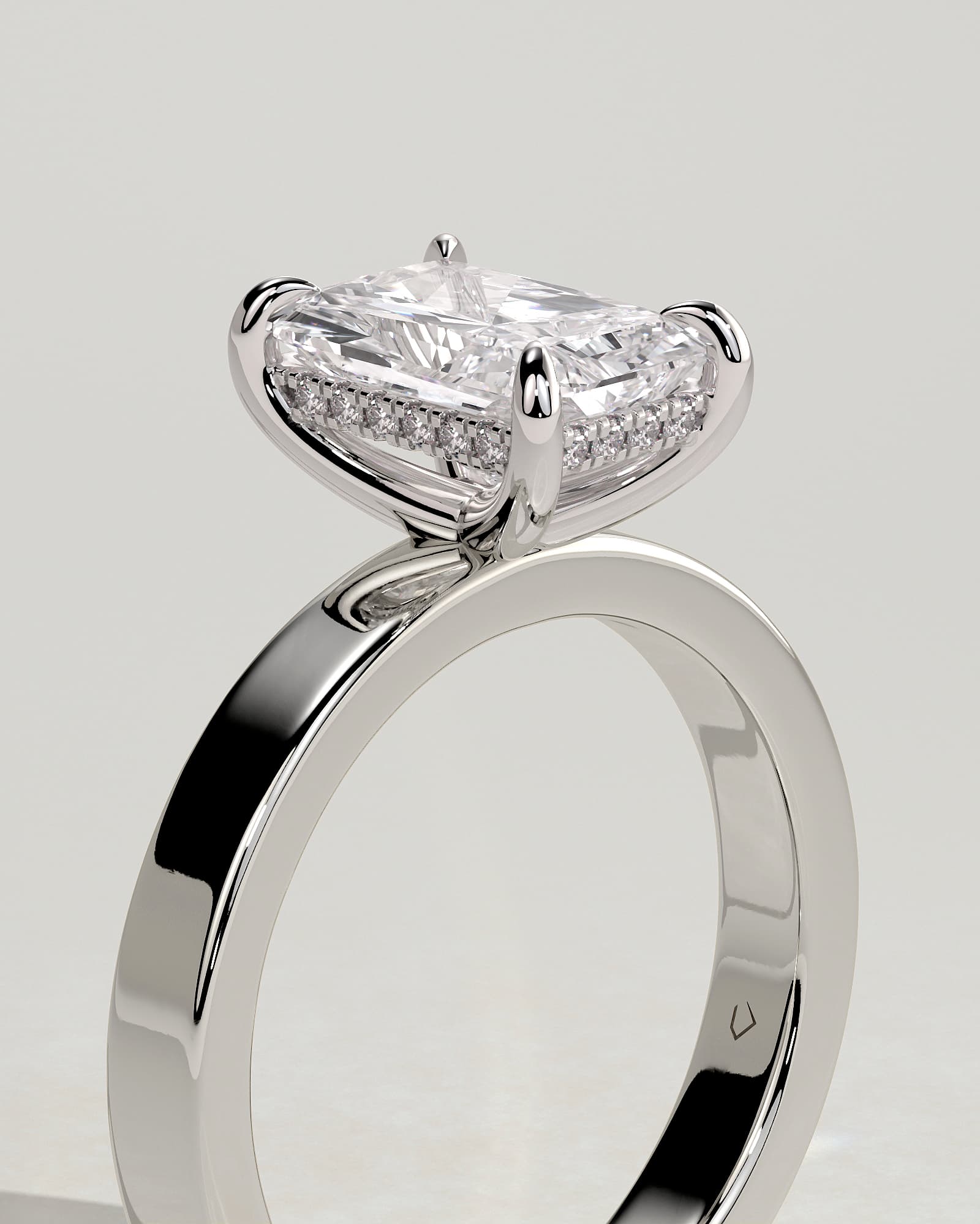 Aida - Radiant Claw Solitaire with Flat Cigar Band and Hidden Halo Engagement Ring - White Gold - white gold - Lara Jewels