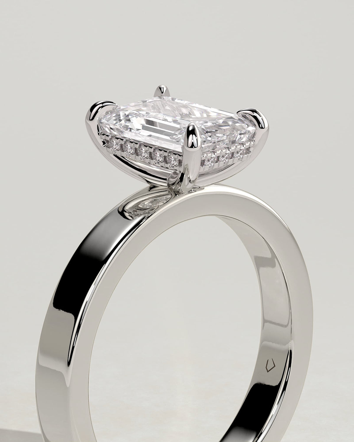 Carmella - Emerald Claw Solitaire with Flat Cigar Band and Hidden Halo Engagement Ring - White Gold